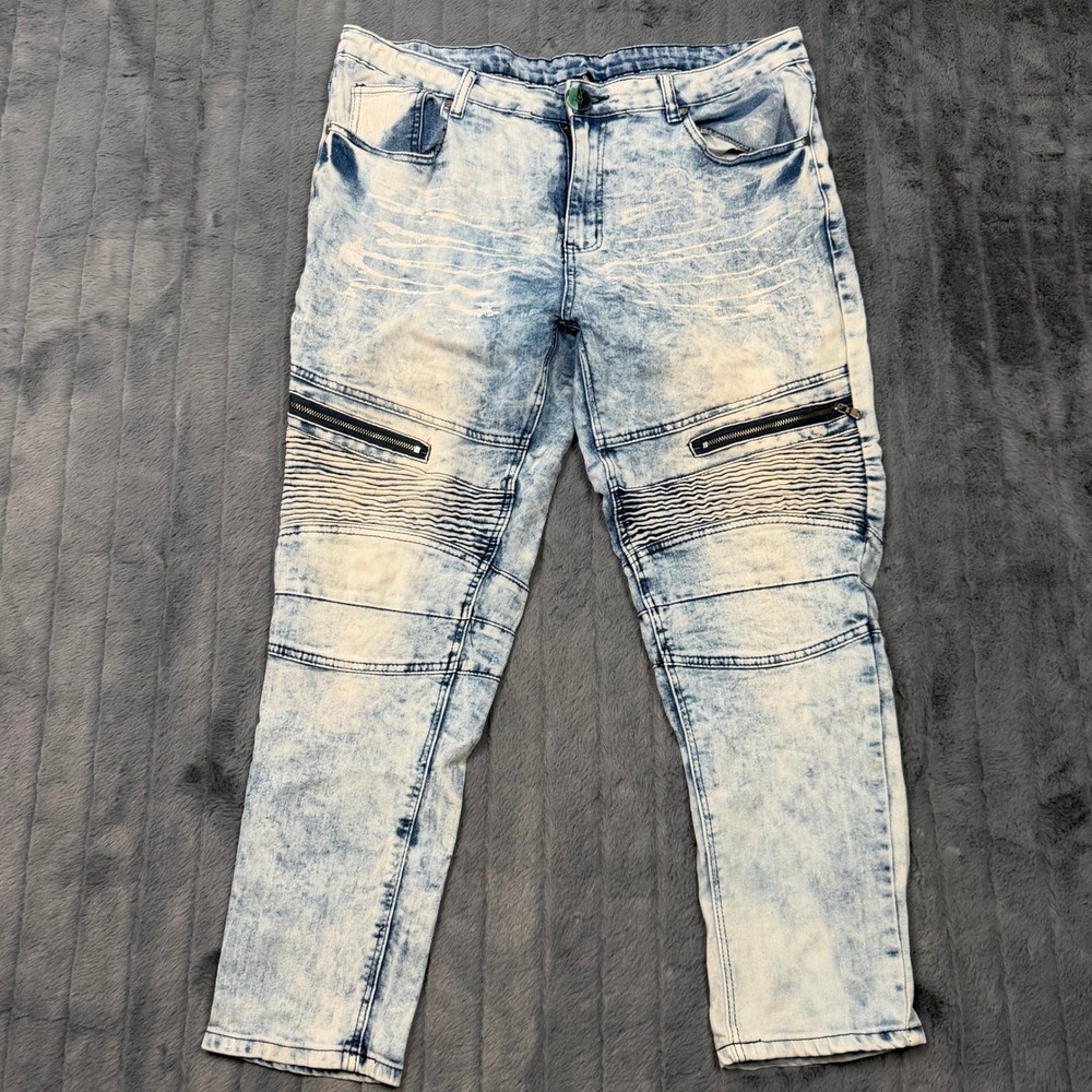 Akademiks Women Acid Wash Moto Jeans Light Blue Skinny Ribbed Zip Size 22